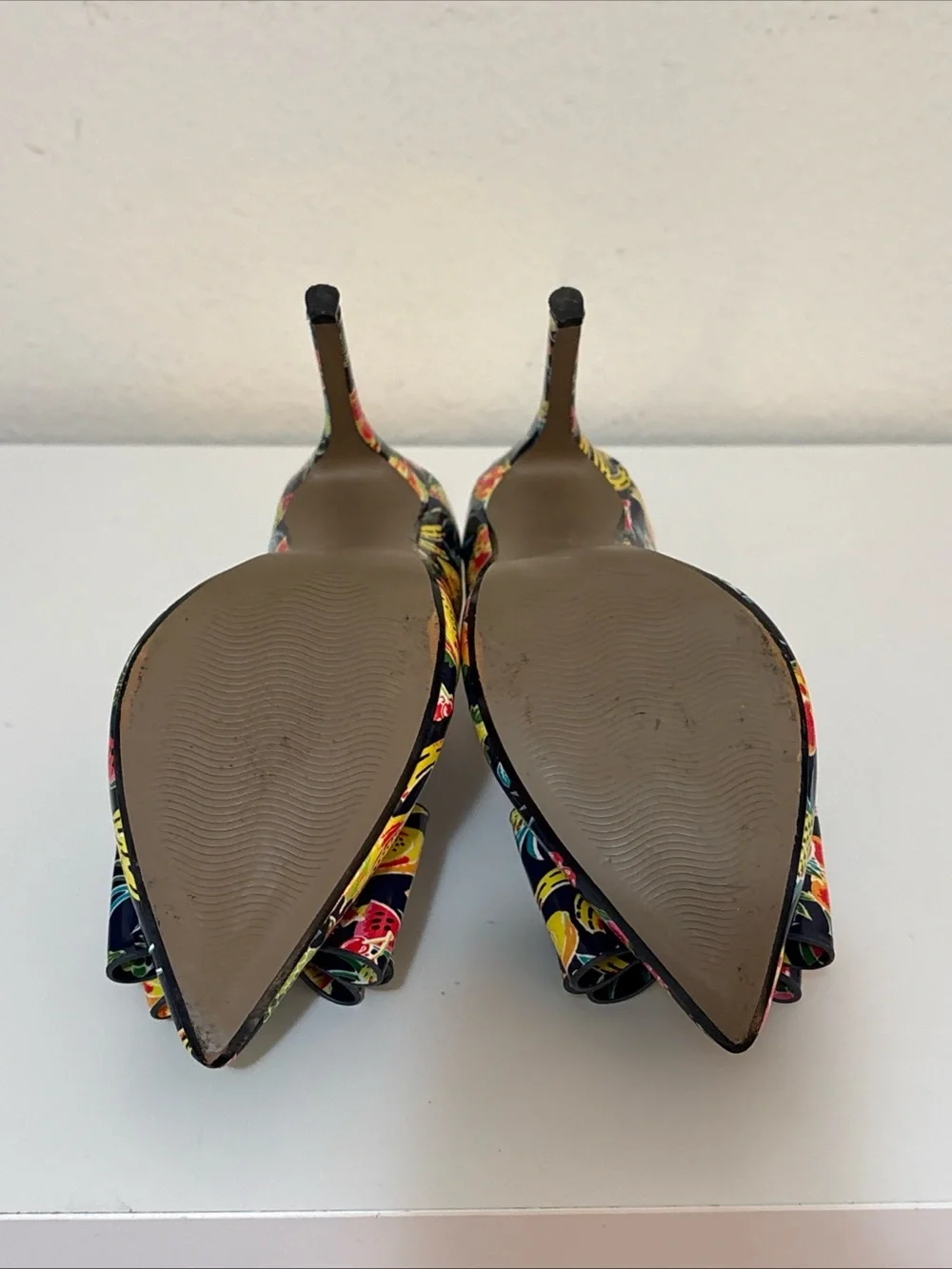 Betsey Johnson Prince Tropical Navy Floral & Fruit Bow Pointed Toe Heels